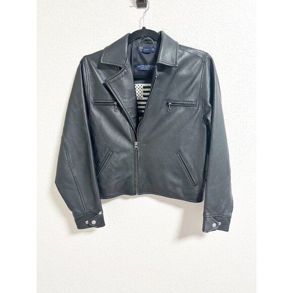 Polo Ralph Lauren Womens Black Leather Biker Jacket Cropped Full Zip Medium - Picture 1 of 4